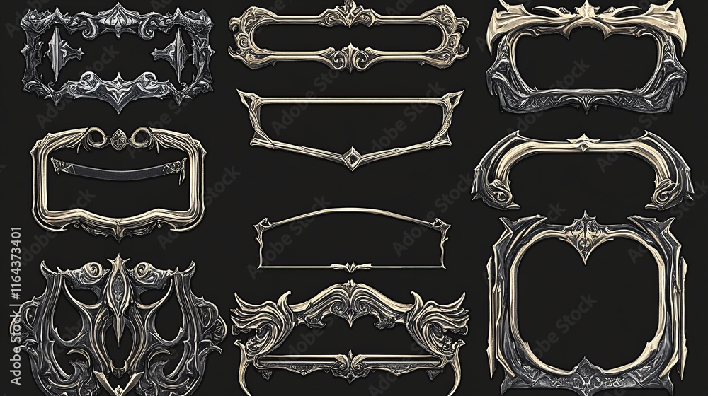 Poster square ui game frames, medieval silver borders. textured ornate gui elements with curve decorated ri