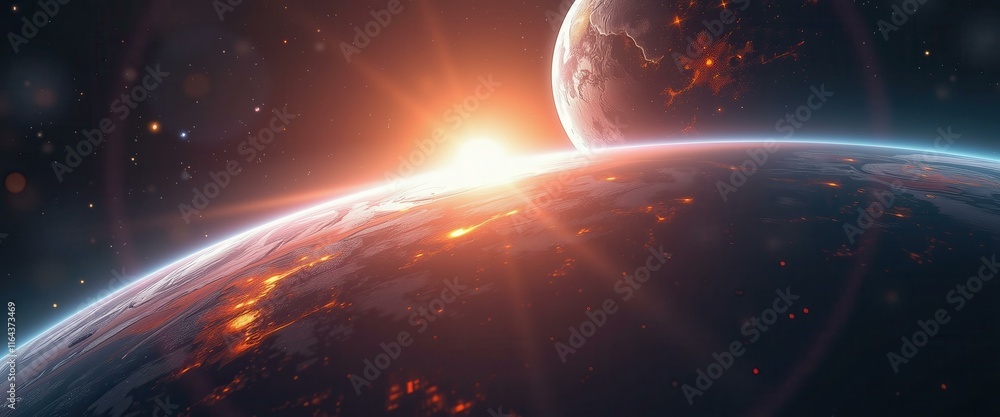 Wall mural space view of planet with sun rising over the horizon and a second planet in the far background cele