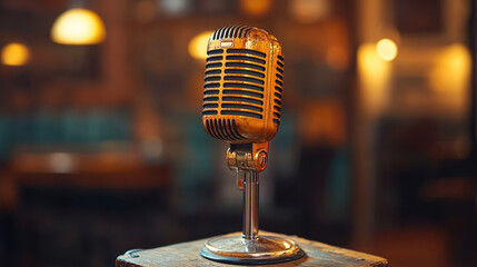 Vintage Microphone in Retro Setting for Podcasters and Broadcasters During Evening Time with Warm Ambient Lighting
