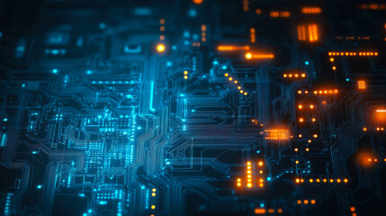 Glowing Circuit Wallpaper: Futuristic Tech Background with Neon Blue and Orange Lights, PCB Design, High-Tech Digital Pattern for Modern Electronics and Technology Concepts