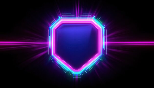 A vibrant neon shield design with glowing edges, set against a dark background, exuding a futuristic and digital aesthetic.