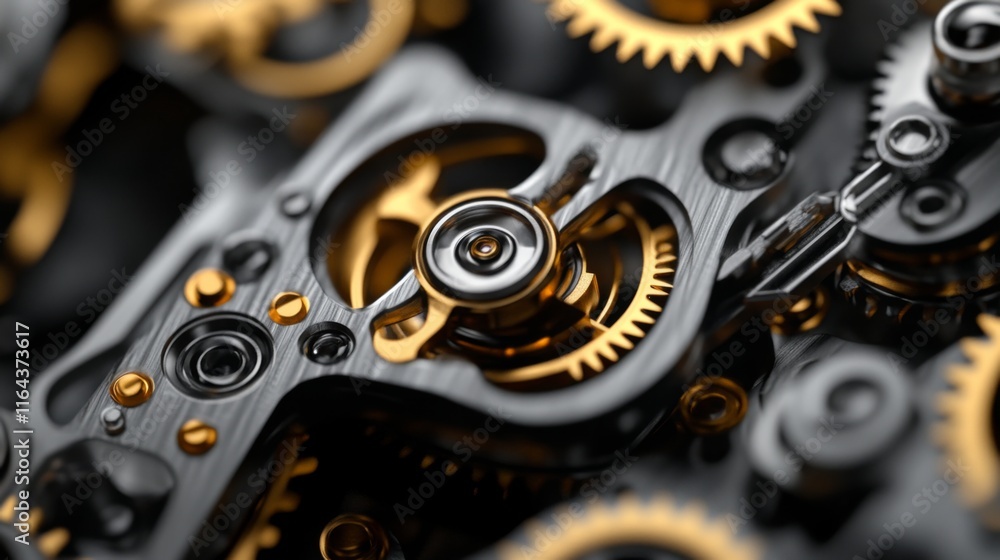 Poster intricate close-up of golden and black mechanical gears showcasing precision engineering in a clockw