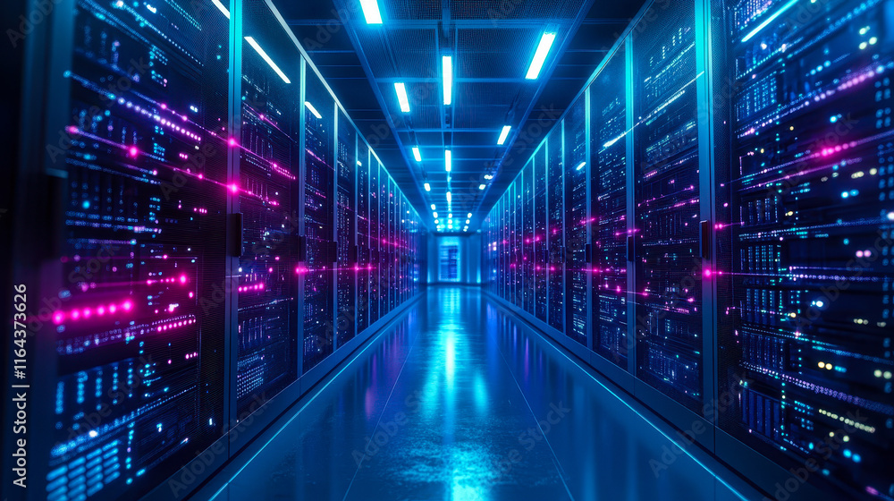 Poster modern compliance-ready data center with servers and cybersecurity, adhering to gdpr and hipaa stand