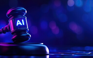 A gavel with "AI" illuminated, symbolizing the intersection of artificial intelligence and law in a modern, digital context.