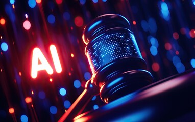 A gavel illuminated in neon lights with the letters "AI" signifies the intersection of law and artificial intelligence.