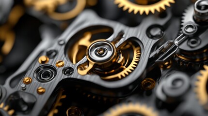Intricate Close-Up of Golden and Black Mechanical Gears Showcasing Precision Engineering in a Clockwork Mechanism