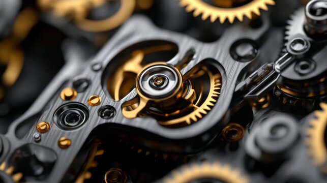 Intricate Close-Up of Golden and Black Mechanical Gears Showcasing Precision Engineering in a Clockwork Mechanism