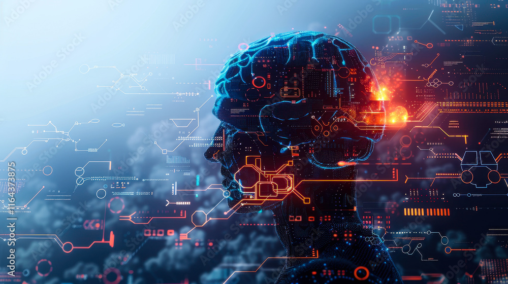 Poster artificial intelligence concept with cg brain, big data analytics, deep learning, and cloud computin