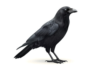 birds on a white background, black crow in profile turned to the right