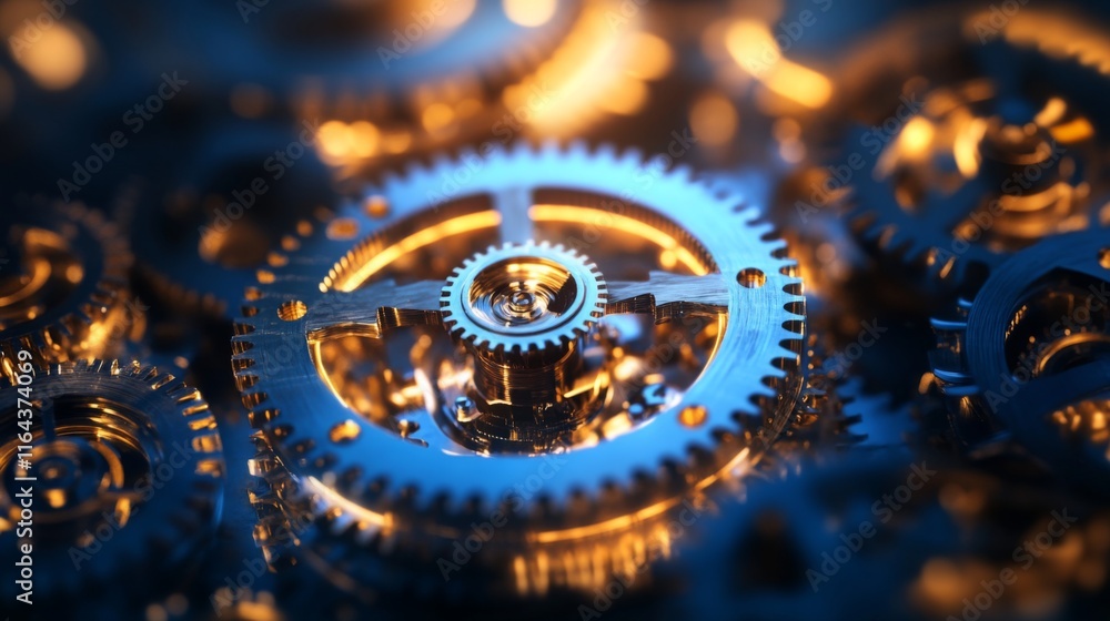 Poster intricate close-up of metallic gears with reflective surfaces creating a complex mechanism in blue a