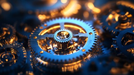 Intricate Close-Up of Metallic Gears with Reflective Surfaces Creating a Complex Mechanism in Blue and Gold Tones, Symbolizing Engineering and Precision Technology