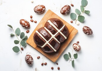 Traditional Chocolate Hot Cross Buns Arranged on a Wooden Board Surrounded by Decorative Chocolate Eggs and Fresh Eucalyptus Leaves for Easter Celebration