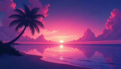 Vibrant purple and pink sunset over tropical beach with palm tree silhouette, a serene seaside escape concept.