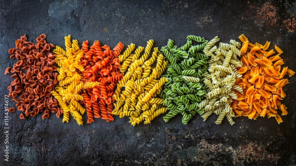 Aufkleber a vibrant selection of pasta shapes is neatly arranged in a row. the assortment features multiple co