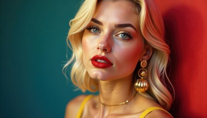 Fototapeta premium Blonde model with bold red lip color and statement gold jewelry in trendy outfit , gold, bright