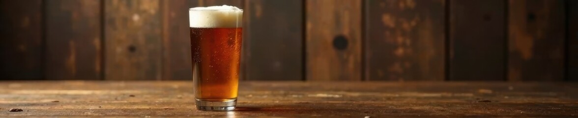 Brown beer with thick creamy foam on a wooden table, beverage, table setting