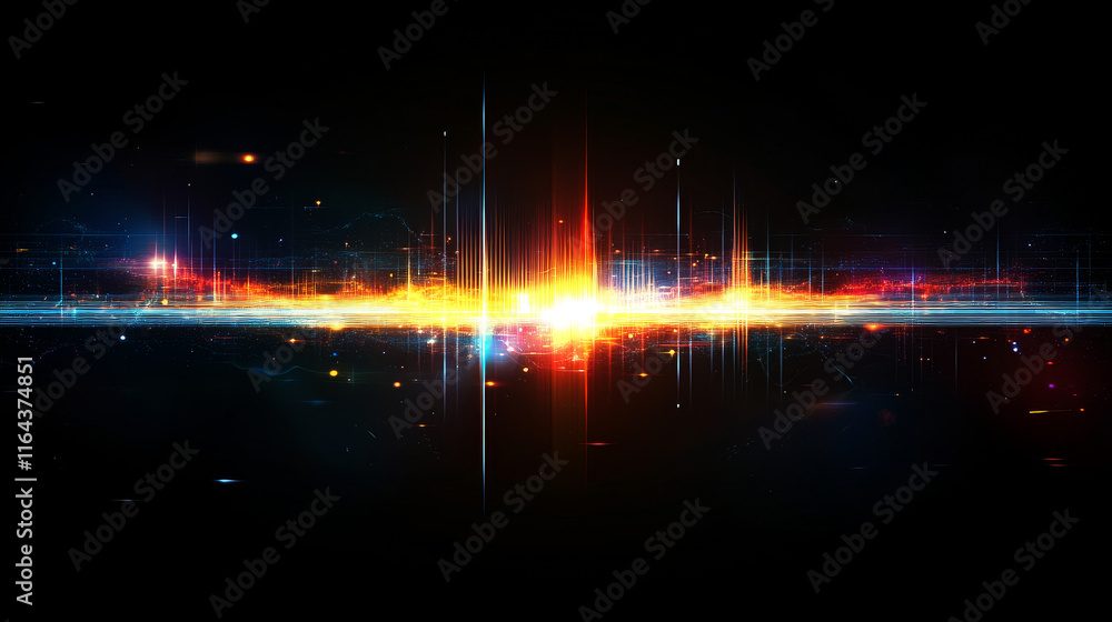 Poster neon audio voice frequency wave and abstract sound light vector background. radio pulse effect curve
