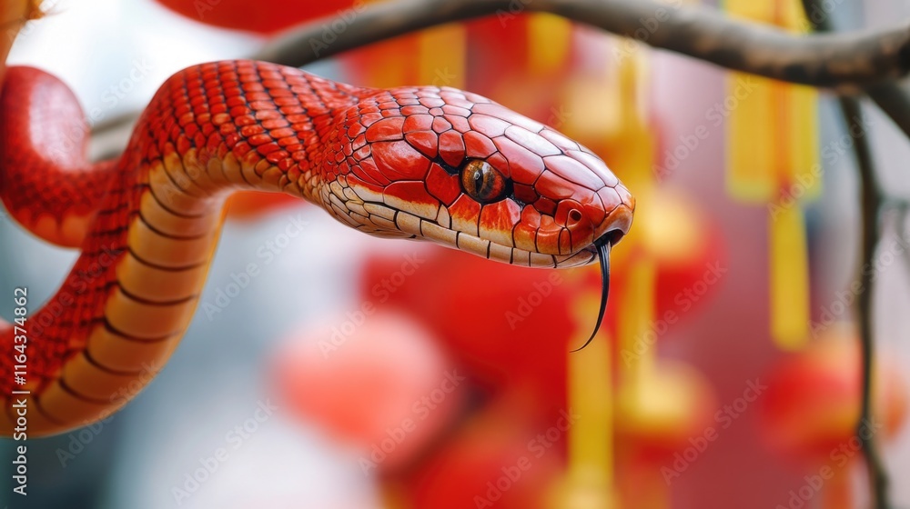 Poster a close-up view of a snake coiled around a branch, highlighting its scales and texture