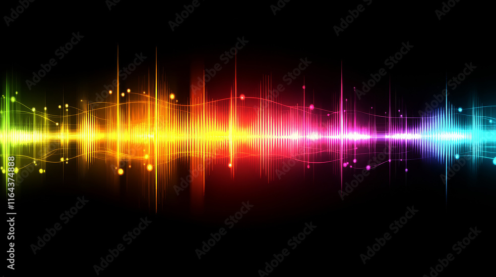 Poster neon audio voice frequency wave and abstract sound light vector background. radio pulse effect curve