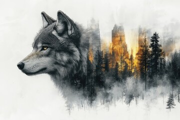 A wolf standing in a dense forest, surrounded by trees and foliage