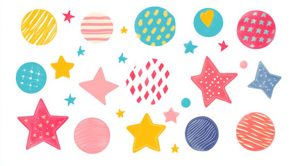 Transparent stickers or patches mockup. Plastic or pvc shrunken labels of different shapes round, square, star, pentahedron and hexahedron or notched circle wrinkled emblems, Realistic 3d vector set