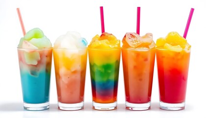 cups with rainbow colored slush ice drinks, row on white background