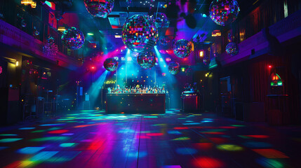 Disco party banner with light ball, cake, cocktail and speaker in night club. Vector landing page of music event, dance party with cartoon illustration of disco ball, dessert and drink