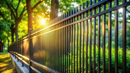 A Metal Fence Bathed in Golden Sunlight, Providing Privacy and Security in a Lush Green Park Setting