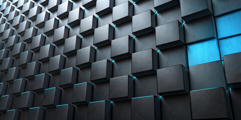 Fototapeta premium The wall of protruding black cubes is enhanced by the blue lighting between the cubes.One cube stands out with a bright blue face, providing a striking contrast to the otherwise monochrome pattern. AI