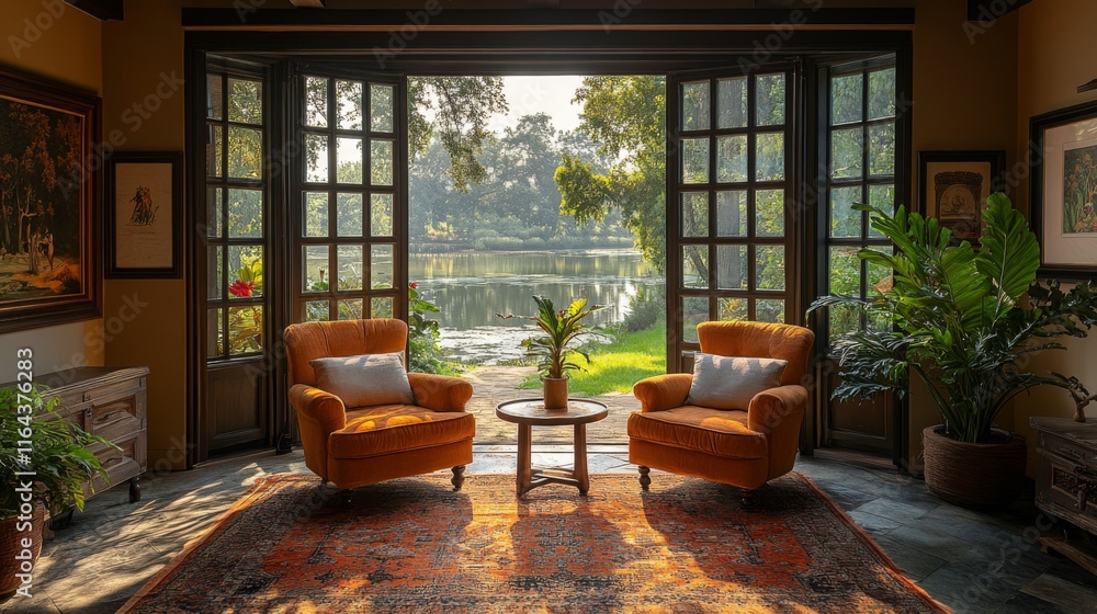 Poster two orange armchairs are positioned in a warm, inviting interior. large windows frame a peaceful lak