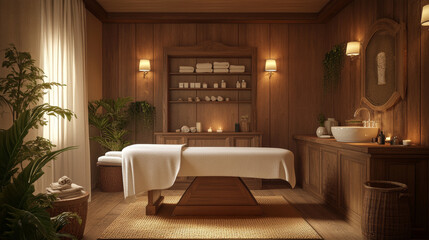 Fototapeta premium Spa salon, massage room equipment for body therapy and relax. Beauty cabinet interior set with modern massage table, tissues, sink, shelf, lamp, flower and pictures, vector cartoon illustration