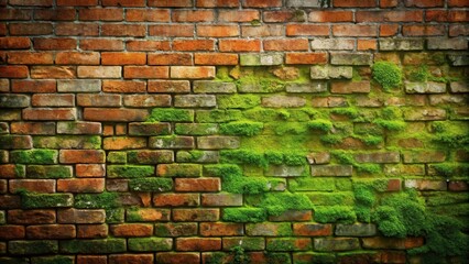 Fototapeta premium Textured Brick Wall with Lush Green Moss Growth