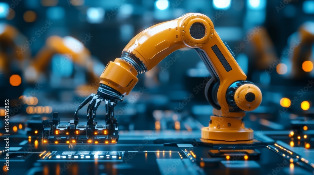 Poster robotic arm processing components in a high-tech manufacturing environment with vibrant colors and d