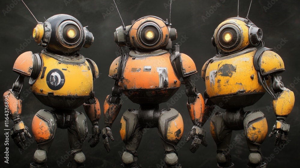 Poster unique robotic characters with distinct features and vibrant colors, showcasing creativity and innov