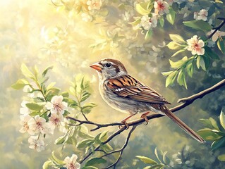 Fototapeta premium A sparrow sits on a tree branch with flowers in spring in sunny weather
