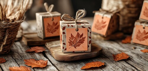 Cozy autumn-themed new arrival labels in warm orange and brown tones with leaf motifs on a rustic table