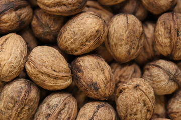 Heap of walnuts in shell, close-up, top view. Healthy eating. Harvest, agriculture. Walnuts, selective focus, background