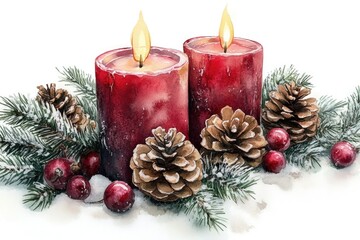Two red candles with decorative pine cones and cranberries, great for winter decor or holiday theme