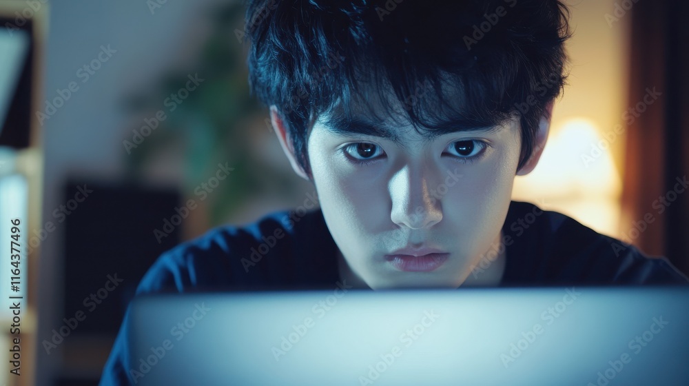 Poster over shoulder shot of a young man using computer laptop in front of an blank white computer screen i