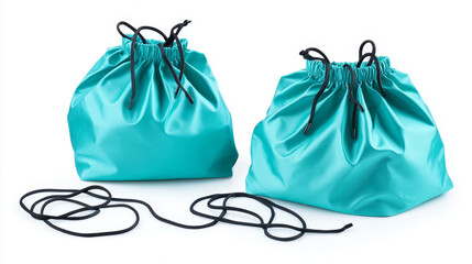 Drawstring bags set isolated on white background. Vector realistic illustration of full and empty turquoise sack mockups with black strings and blank space for branding, schoolbag, camping accessory