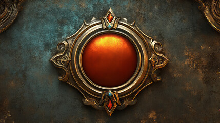 Fototapeta premium Fantasy ui game circle avatar rank level frame. Round interface border button design. Medieval gui badge ring asset kit. Royal achievement emblem award. Wooden circular rpg title progress banner.