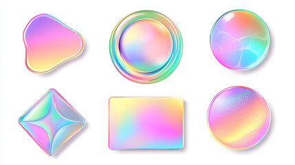 Holographic stickers, hologram labels of different shapes. Round, square, oval, rhombus and wavy iridescent foil or silver colored blank rainbow shiny emblems, Realistic 3d vector illustration, set