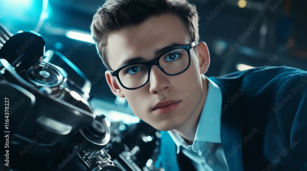Poster young man with glasses working in a mechanical environment, focused on engine components, showcasing