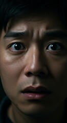 Fototapeta premium Close up of Asian Man face, Scared Terrified Fear Expression, Zoom In, Zoomed Portrait 