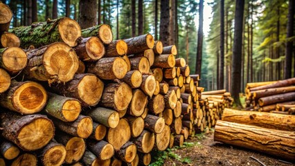 A large stack of freshly cut logs rests in a sun-dappled forest clearing