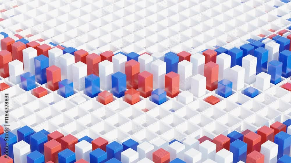 Aufkleber 3d abstract animation of rectangular pillars in blue, red, and white colors rising in waves from rec