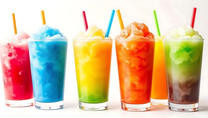cups with rainbow colored slush ice drinks, row on white background