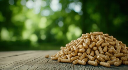 Obraz premium Natural Wood Pellets Pile on Rustic Wooden Table Outdoors
