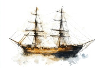 Fototapeta premium A watercolor illustration of a ship sailing through calm waters