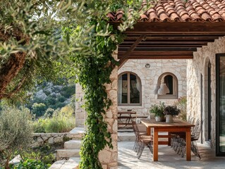 A stone house with a patio and a table. The table has a vase of flowers on it